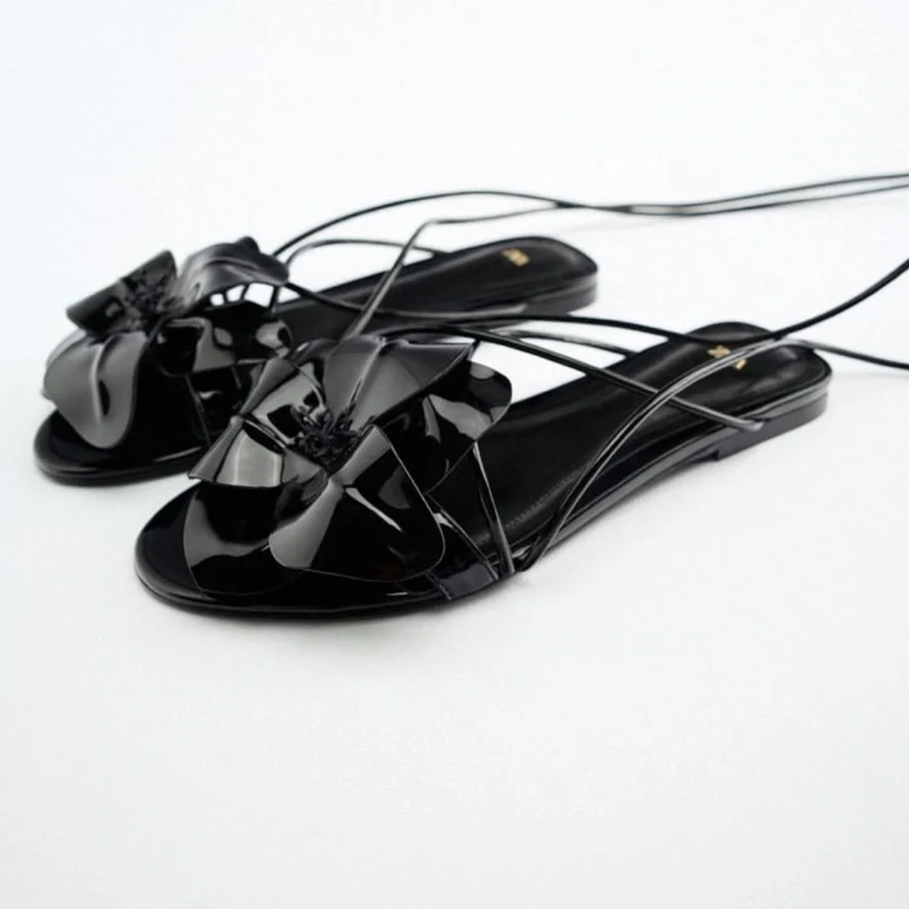 Zara maxi flower lace up patent leather flat sandals - Picture 1 of 9